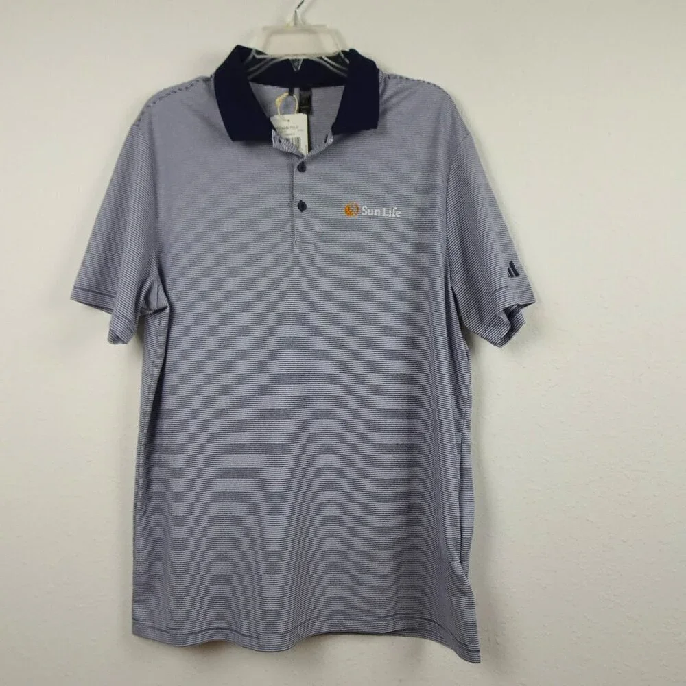Adidas Polo Shirt Men's Size L Blue Stripe Sun Life Logo Embroidered Golf